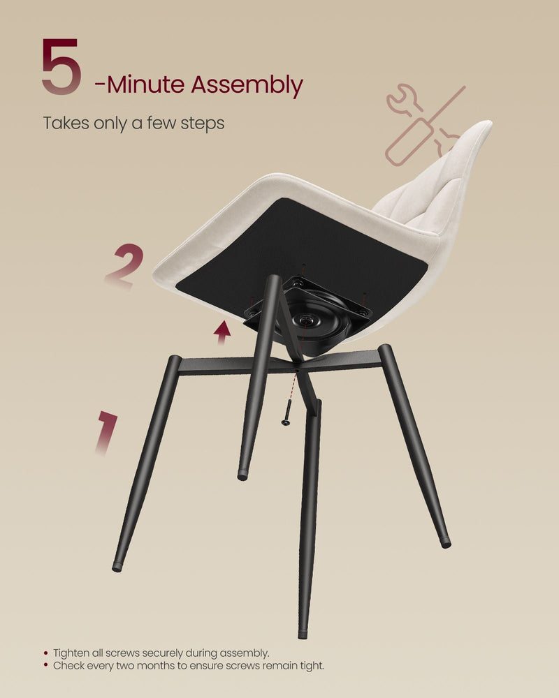 Five-minute assembly steps with legs attached to the underside of the chair seat