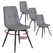 Set of 4 slate grey velvet dining chairs with black metal legs and a 360 degree swivel arrow