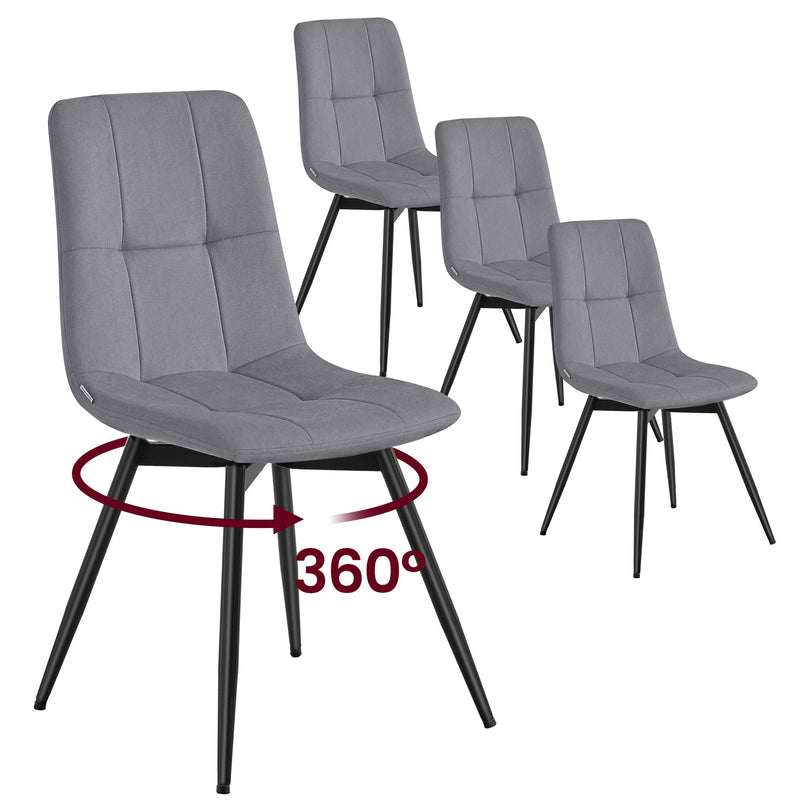 Set of 4 slate grey velvet dining chairs with black metal legs and a 360 degree swivel arrow