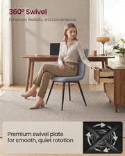 Woman sitting on a swivel chair at a wooden desk, with a close-up of the swivel plate