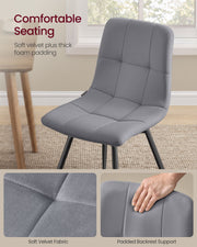 Grey velvet dining chair with close-ups of the soft velvet fabric and padded backrest