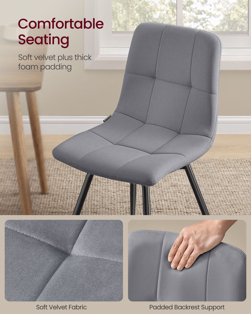 Grey velvet dining chair with close-ups of the soft velvet fabric and padded backrest