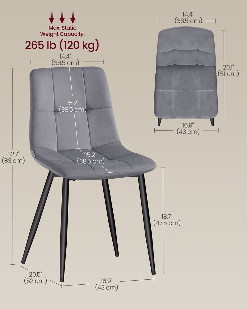 Dining chair dimensions diagram showing 43 x 52 x 83 cm and a 120 kg weight capacity