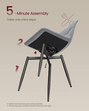 Assembly diagram showing a chair upside down with steps to attach the metal legs