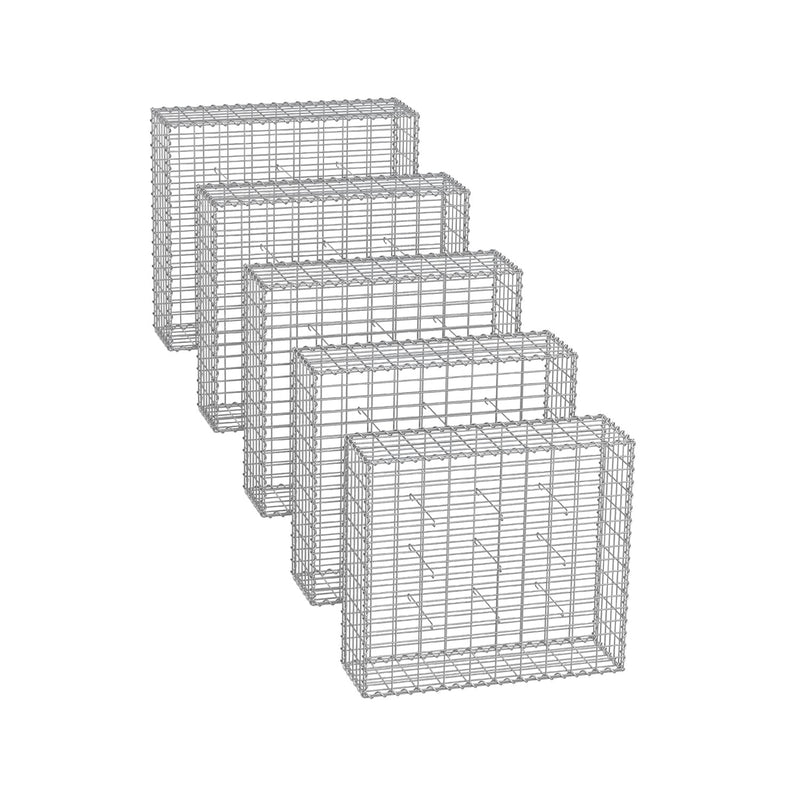 Studio shot of 5 empty galvanised steel gabion cages in a row