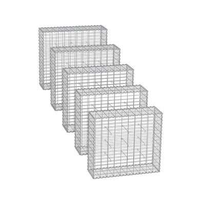 Studio shot of 5 empty galvanised steel gabion cages in a row