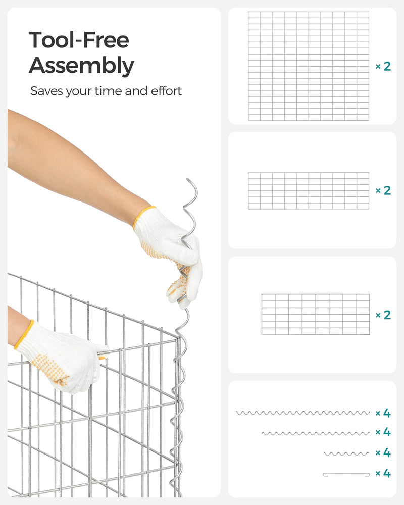 Tool-free assembly parts including mesh panels and spiral binding wires