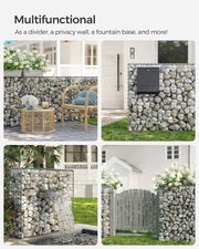 Collage showing gabion cages used as a divider, mailbox stand and water feature
