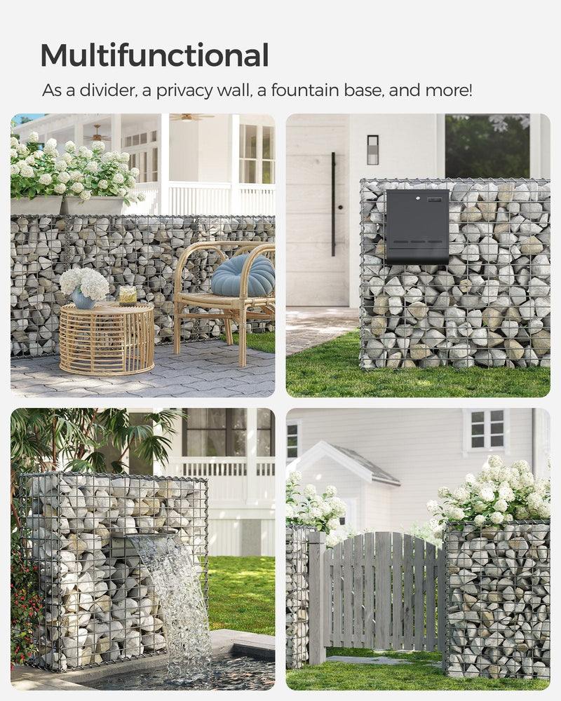 Collage showing gabion cages used as a divider, mailbox stand and water feature