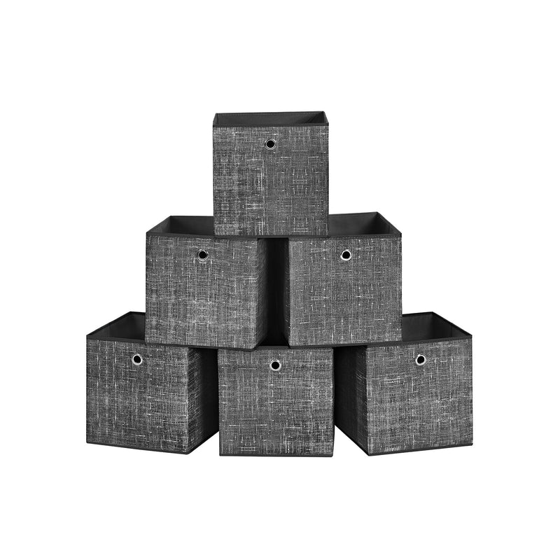 Six Heathered Black foldable fabric storage cubes stacked in a pyramid arrangement