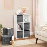 Fabric storage cubes fitted into a white cube shelving unit in a living room