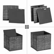 Four-panel image showing the cube folded flat and assembled step by step