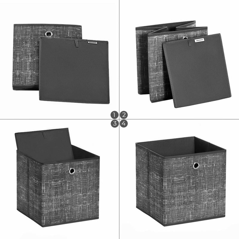 Four-panel image showing the cube folded flat and assembled step by step