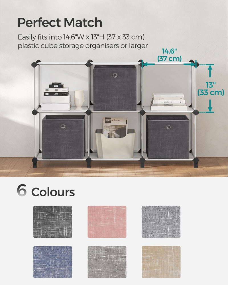 Graphic showing the cube fits 37 x 33 cm shelving units and the 6 available colour options