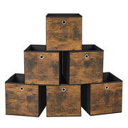 Six rustic brown and black fabric storage cubes stacked in a pyramid