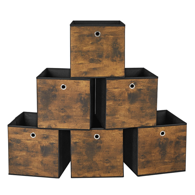 Six rustic brown and black fabric storage cubes stacked in a pyramid
