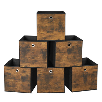 Six rustic brown and black fabric storage cubes stacked in a pyramid