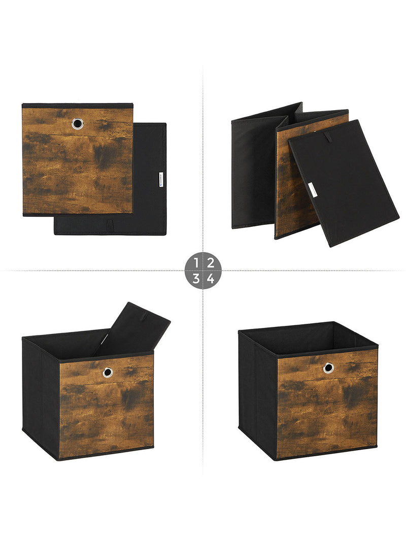 Four-step sequence showing the cube folding flat and the base board being fitted