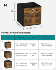 Dimensions diagram showing the 30 x 30 x 30 cm cube above a size comparison table