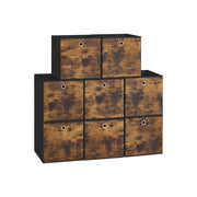 Set of 8 Rustic Brown and Ink Black fabric storage cubes stacked on a white background