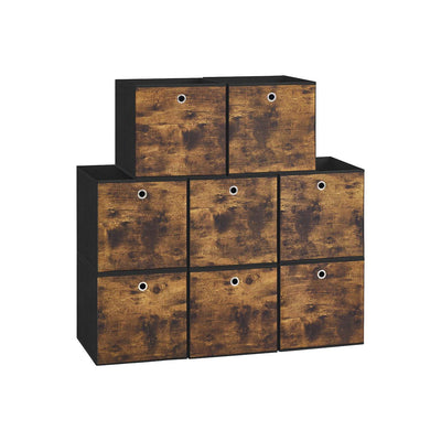 Set of 8 Rustic Brown and Ink Black fabric storage cubes stacked on a white background