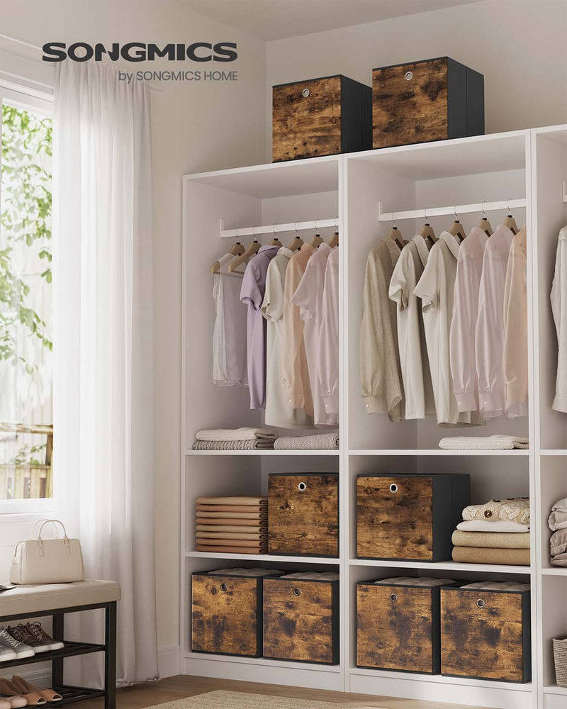 Rustic Brown Songmics storage cubes filling white cube shelves in a walk-in wardrobe