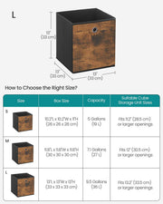 Dimension diagram showing the large cube at 33 x 33 x 33 cm with a size comparison table