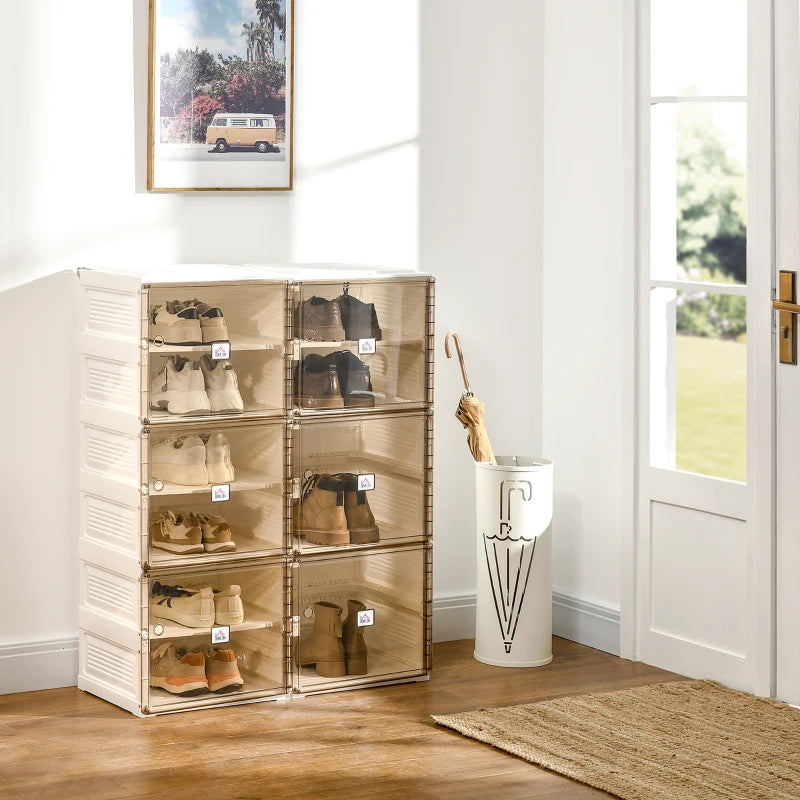set of shoe storage boxes in a modern light and airy hallway with an assortment of footwear