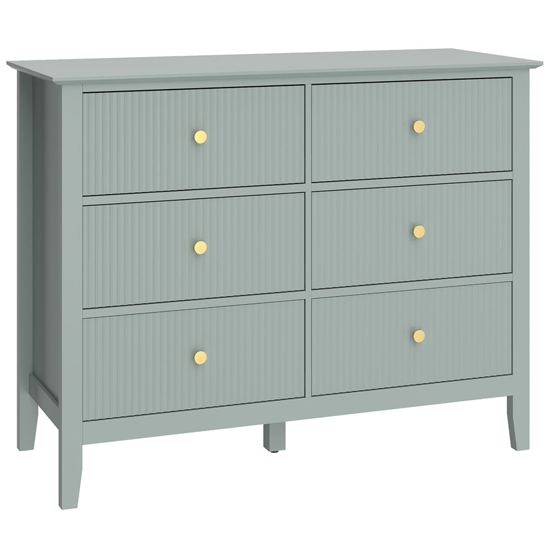 Green 6 Drawer Chest of Drawers With Fluted Drawer Fronts and Gold Knobs - 100x40x78cm Homcom