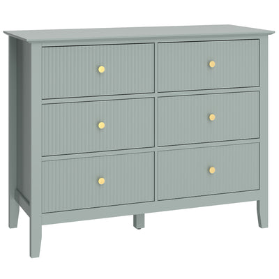 Green 6 Drawer Chest of Drawers With Fluted Drawer Fronts and Gold Knobs - 100x40x78cm Homcom