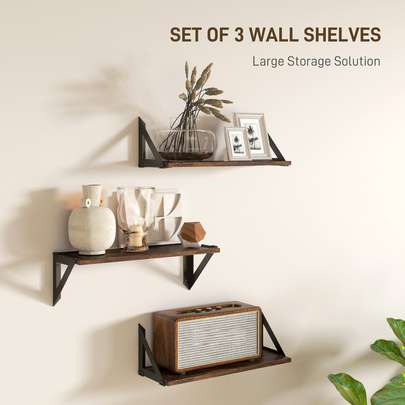 Set of 3 Rustic Brown Floating Wall Shelves for Living Room Bedroom Entryway by HOMCOM