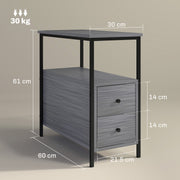 Narrow Grey Wood Bedside Table with 2 Drawers and Shelf for Small Spaces