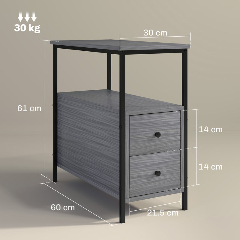 Narrow Grey Wood Bedside Table with 2 Drawers and Shelf for Small Spaces