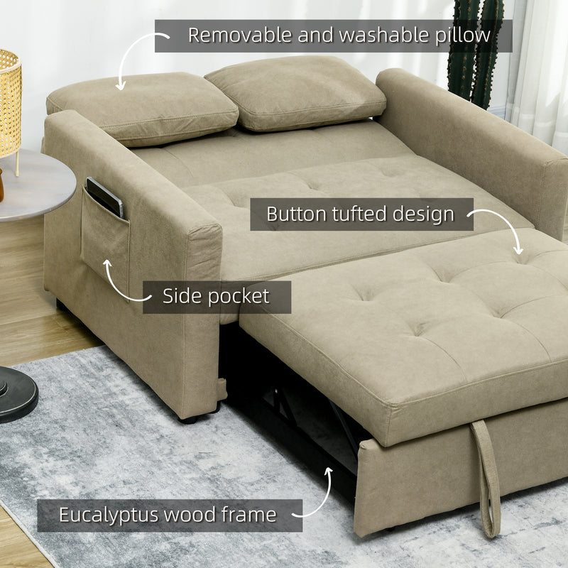 2 Seater Convertible Sofa Bed with Cushions and Side Storage for Lounge Use, Light Brown