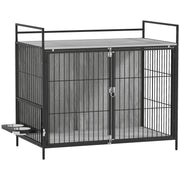 Large Dog Crate Furniture With Rotating Bowl Holder and Double Doors for Indoor Use, Grey