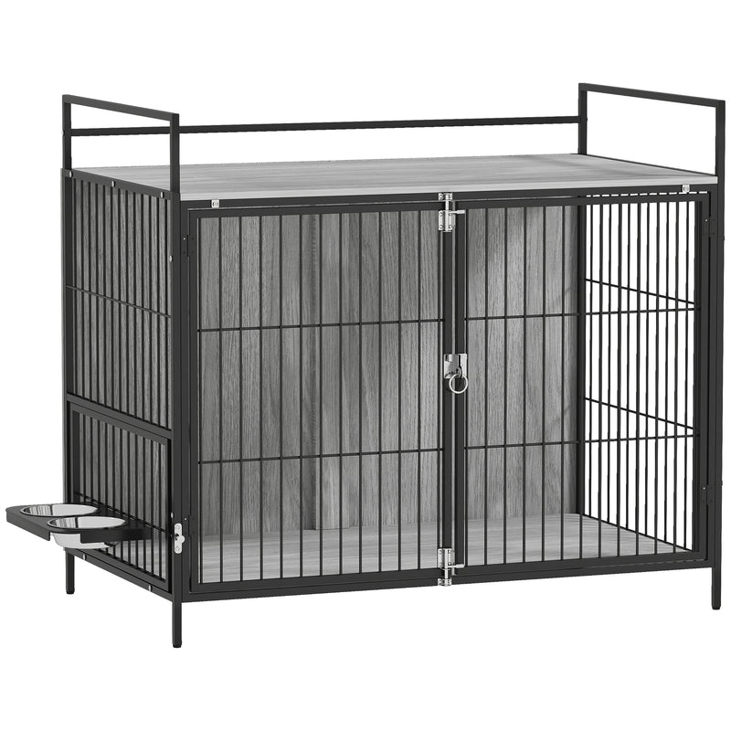 Large Dog Crate Furniture With Rotating Bowl Holder and Double Doors for Indoor Use, Grey