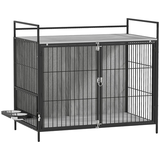 Large Dog Crate Furniture With Rotating Bowl Holder and Double Doors for Indoor Use, Grey