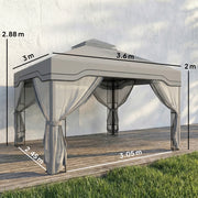 3x3.6m Metal Garden Gazebo with 2-Tier Roof and Mesh Panels for Cool Shaded Outdoor Seating, Dark Grey Outsunny