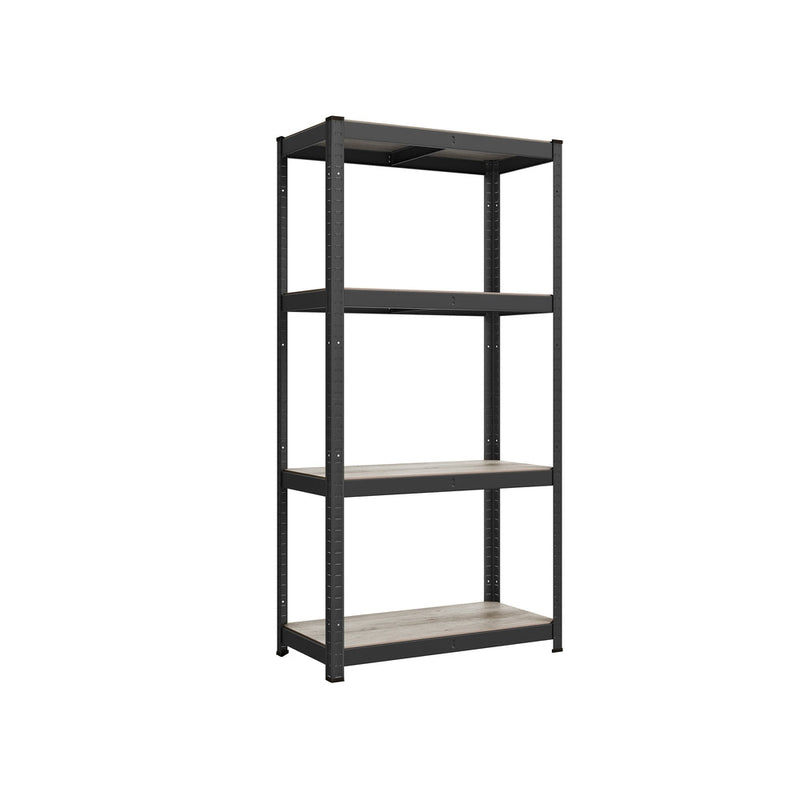 Songmics 4-tier steel shelving unit in greige and black, studio shot