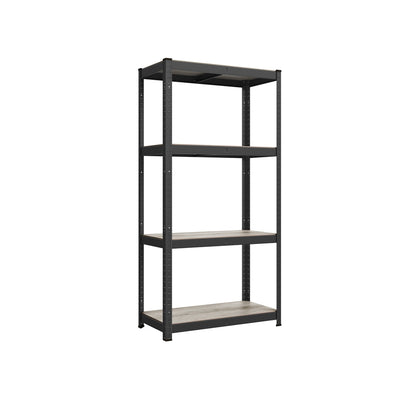 Songmics 4-tier steel shelving unit in greige and black, studio shot