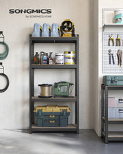 Songmics shelving unit styled in a garage with tools and storage boxes