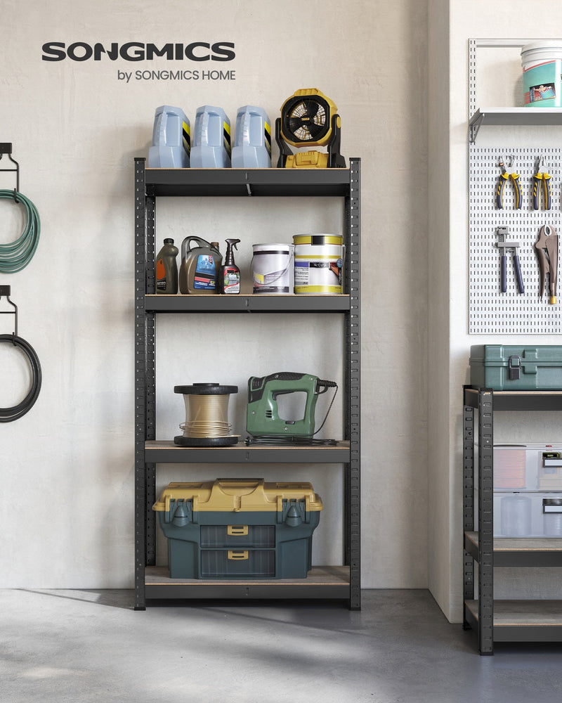 Songmics shelving unit styled in a garage with tools and storage boxes
