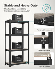 Infographic showing the shelving unit 520 kg capacity, reinforced crossbeam and thick MDF panels