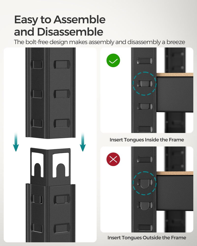 Diagram showing the tool-free slot-in assembly of the Songmics shelving unit