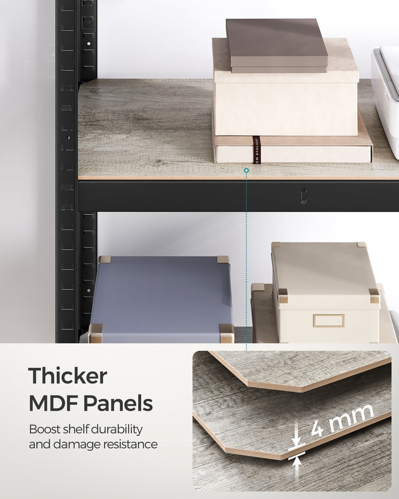 Close-up of the shelving unit thicker MDF shelf panels for durability