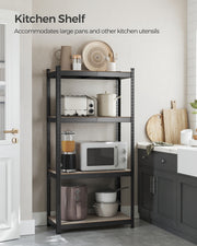 Songmics shelving unit used as a kitchen shelf holding pans and appliances