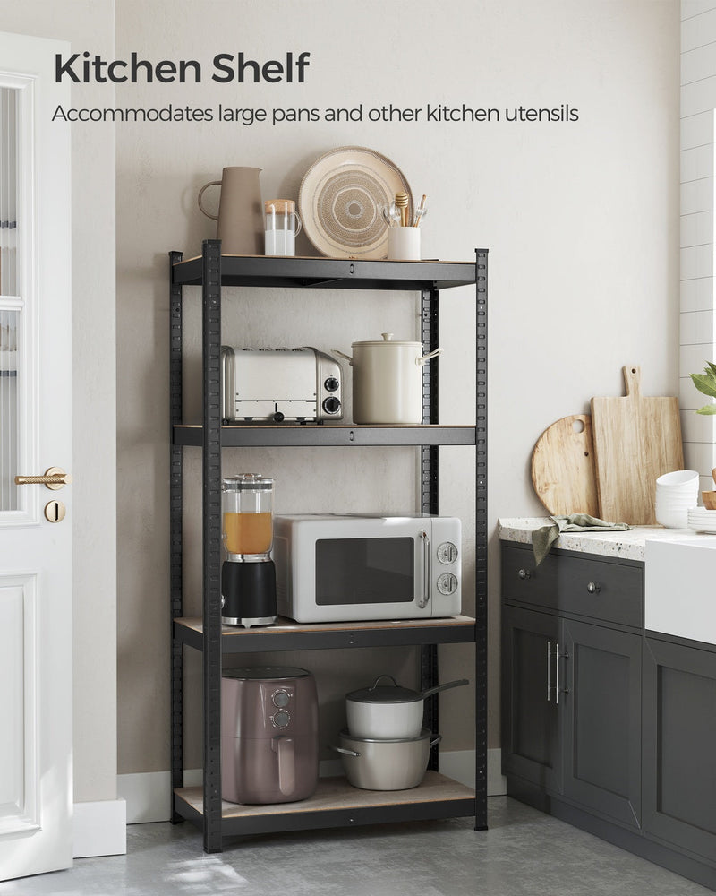 Songmics shelving unit used as a kitchen shelf holding pans and appliances