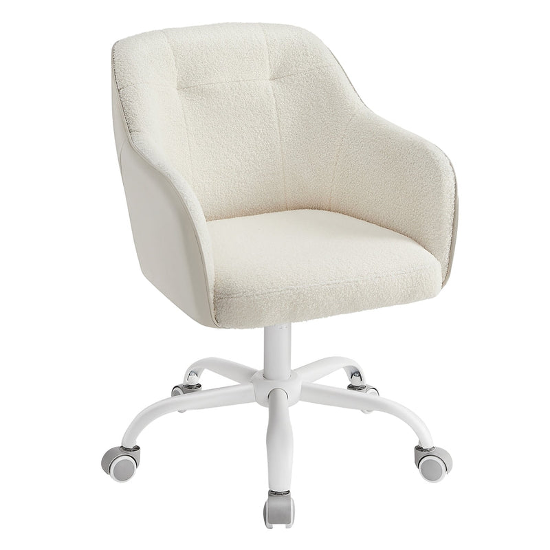 Sherpa fabric swivel office chair in Cappuccino Beige with armrests and a white 5-star base