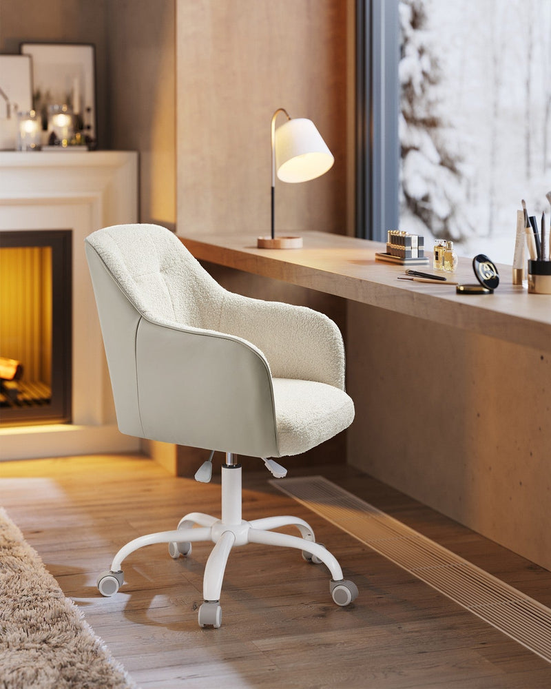 Side view of the Cappuccino Beige office chair beside a fireplace and vanity desk