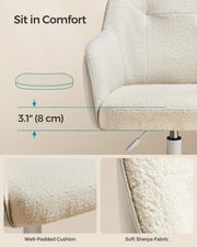 Diagram showing the 8 cm seat cushion thickness with close-ups of the padded cushion and sherpa fabric